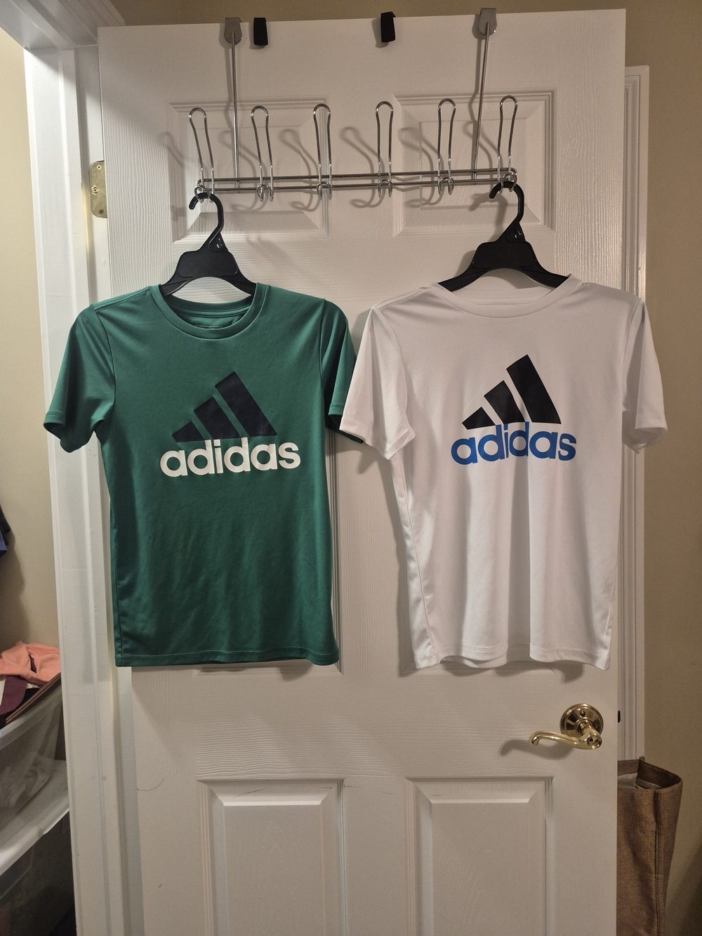 adidas Green and White Short Sleeve Logo Tees with Black and Blue Accents